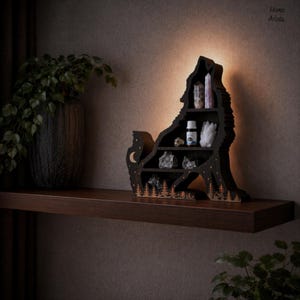 Mensola da parete gotica a forma di luna, mensola espositiva con gatto nero, decorazione celeste con cappello da strega, complemento d'arredo stregonesco, mensole decorative per riporre oggetti.