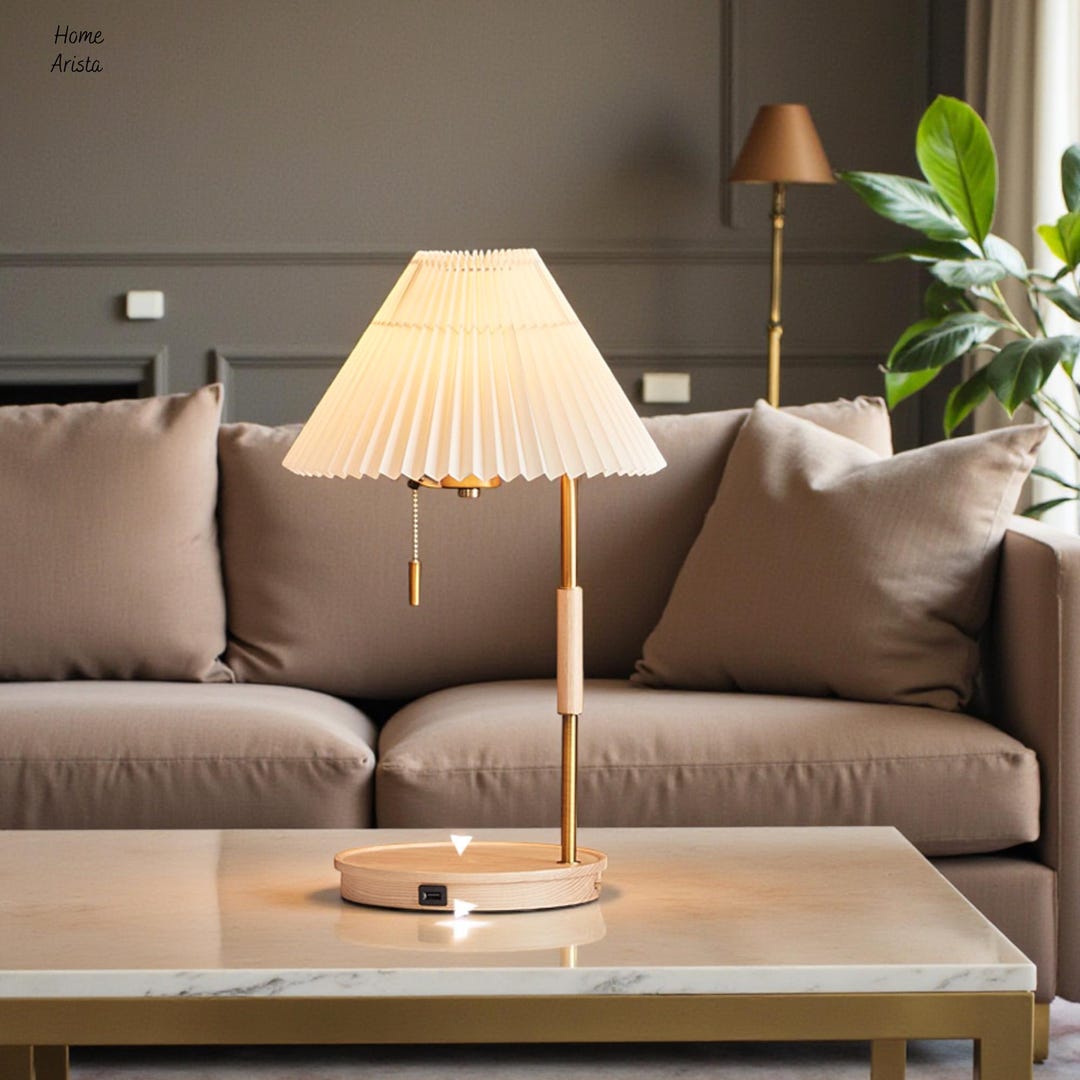 Curated visual reference: Visual Reference: Modern Table Lamp With Pleated Shade Wood Base Bedside Lamp