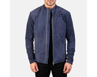 Men’s Blue Suede Leather Jacket – Slim Fit Handmade Outerwear, Vintage Style Fashion Coat Gift for Him
