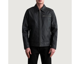 Chaqueta de cuero negro para hombre, de piel de vaca auténtica, de corte entallado, estilo bomber, hecha a mano, informal, elegante, regalo de moda para invierno.