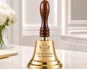 Custom Engraved Handbell with Wooden Handle, Personalized Brass Hand Bell, Cancer bell, Anniversary gift, Retirement Gift, keepsake gift.
