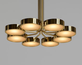 May include: A modern, gold-toned chandelier with eight circular light fixtures. Each fixture has a warm, glowing light. The chandelier is suspended from a central rod, creating a symmetrical and elegant design. Ideal for home decor.