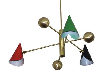 Elegancki, 3-punktowy, perforowany żyrandol wiszący wpuszczany w sufit – oprawa Sputnik z surowego mosiądzu w stylu Mid-Century Modern