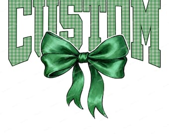 Custom Mascot PNG,  Custom Name Bow Green Gingham Sublimation Design, Personalized Digital