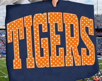 Tigers PNG, Polka Dot Tigers Mascot PNG, Varsity School Spirit Game Day Shirt Design, Preppy Team Spirit Sublimation File, Digital Download