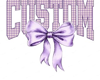 Custom Mascot PNG,  Custom Name Bow Purple Gingham Sublimation Design, Personalized Digital