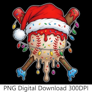 Puede incluir: Un diseño festivo con temática de béisbol que presenta una pelota de béisbol con un gorro de Papá Noel, goteando glaseado rojo y chispas. Los bates de béisbol cruzados están detrás de la pelota, y una cadena de luces navideñas de colores la envuelve. El texto "PNG Digital Download 300DPI" está en la parte inferior.