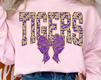 Tigers Bow PNG, Camo Coquette Mascot, Purple Gold Glitter (Digital Download)