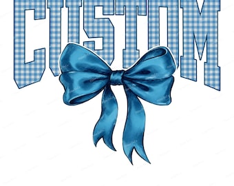 Custom Mascot PNG,  Custom Name Bow Blue Gingham Sublimation Design, Personalized Digital