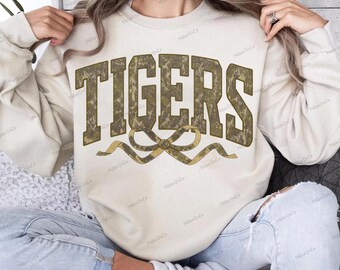 Tigers Camo PNG: Mascot Bow Sublimation Design (Digital Download)