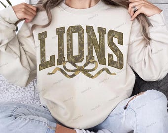 Lions PNG: Camo Bow Mascot, School Spirit Sublimation Design (Digital Download)
