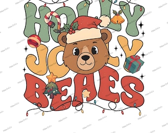 May include: A digital graphic with a brown bear in a Santa hat and scarf, with the words "Holly Jolly Bears" in festive colours. Includes Christmas lights, baubles, and a gift box. The bottom text reads "PNG DIGITAL DOWNLOAD 300DPI."