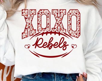 Rebels Valentine Football PNG, XOXO Mascot, Game Day Sublimation (Digital Download)