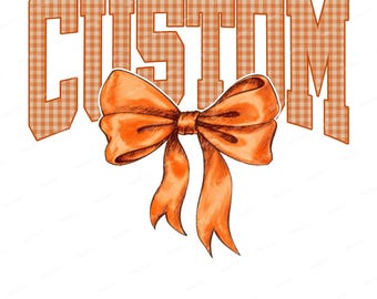 Custom Mascot PNG,  Custom Name Bow Orange Gingham Sublimation Design, Personalized Digital