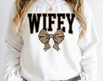 WIFEY Leopard Bow PNG – Retro Varsity Letter Design, Animal Print Wife Life Sublimation, Trendy Digital Download
