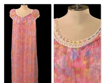 60s Pink & Purple Floral Chiffon Nighgown, Vintage 1960 Nightie with White Lace Trim