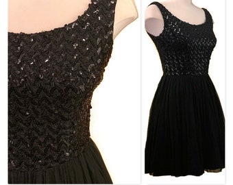 60s Black Cocktail Dress with Sequined Bodice and Black Chiffon Skirt, Vintage 1960s Mini Dress