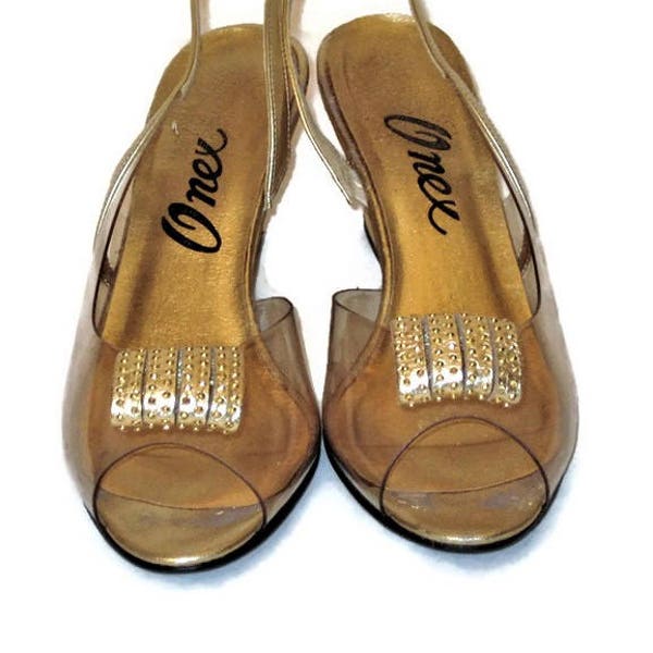 Vintage 1960s Gold Metallic & Clear Wedge Heel Sandal,  60s Sling Back Open Toes Party Shoes