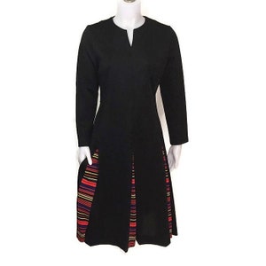 60s Black Dress with Bright Stripes in the Gored Pleats, Vintage 1960s Long Sleeve Dress