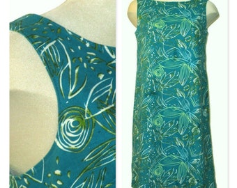 Vintage 1960s Short Shift Dress, 60s Sleeveless Summer Dress in Blue & Green