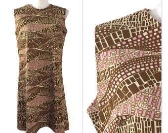 60s Brown & Pink Shift Dress, Vintage 1960s Sleeveless Spring Dress in Extra Large