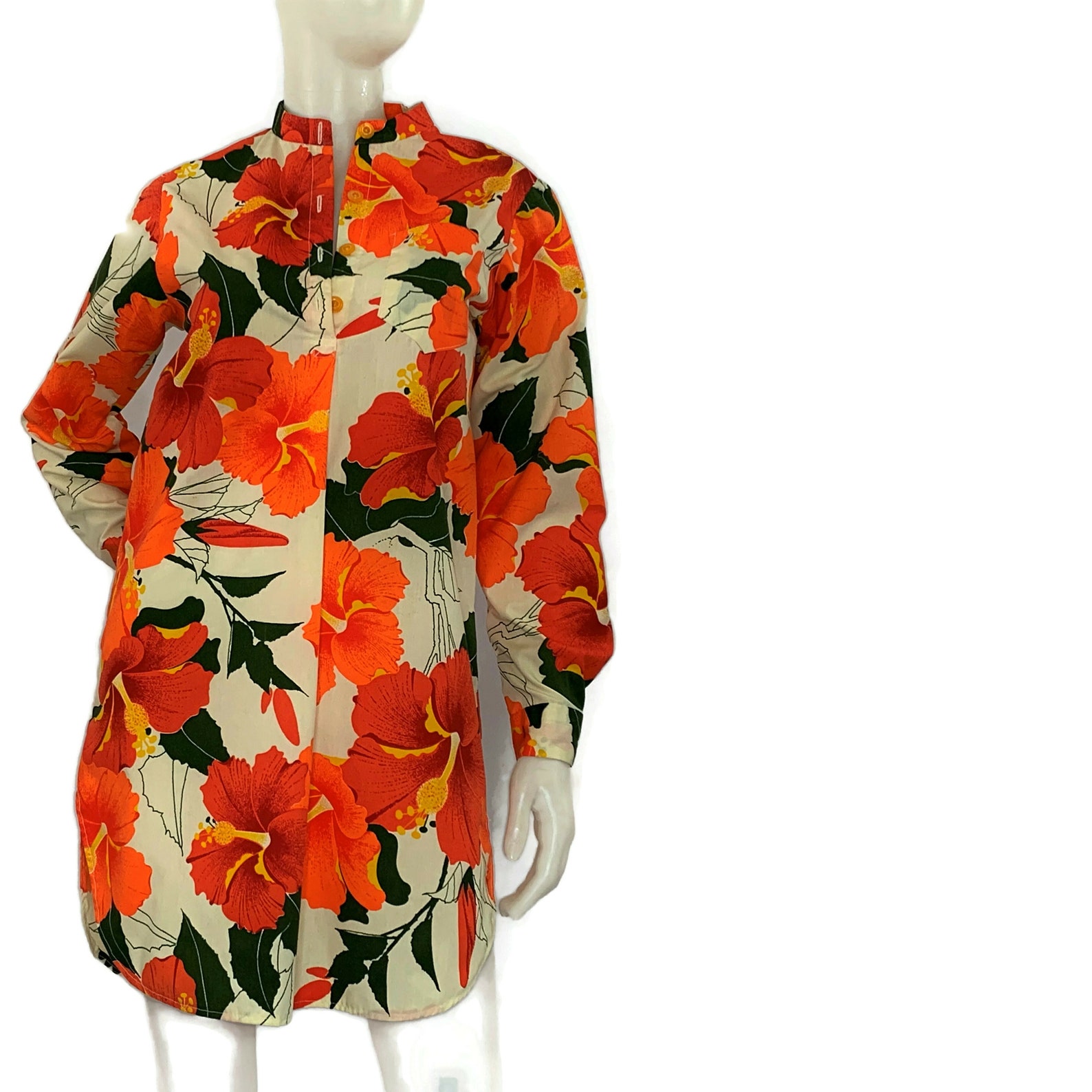 VINTAGE 60s 70s WHITE ORANGE GREEN FLORAL BEETLE DAGGER SHIRT DRESS 14 16