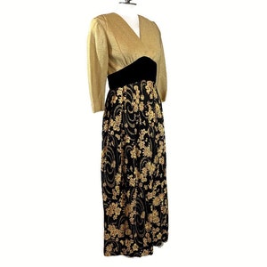 50s Evening Dress with Metallic Gold Bodice and Black & Gold Skirt, Vintage 1950s Hostess Gown