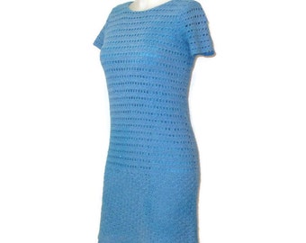 1960s MOD Blue Crochet Dress, Vintage 60s Body Con Mini Dress