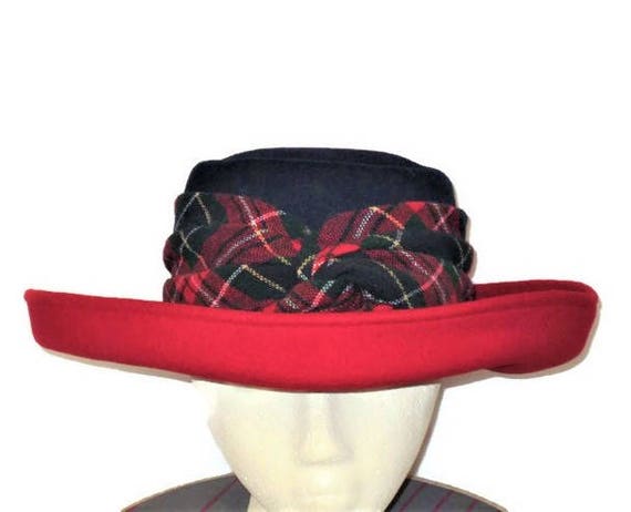 70s Red Tartan Hat, Red Navy Hat, Made in USA Hat,
