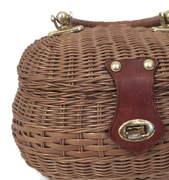 1960s Wicker Purse, Floral Lining, Plastic Wicker,