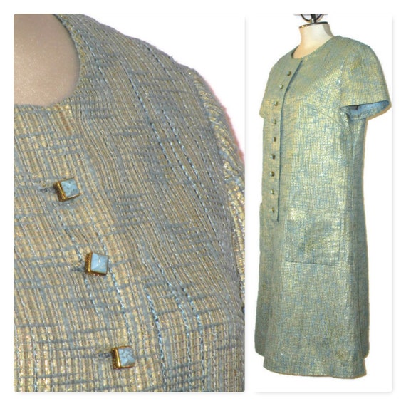1960s Plus Size Dress, 60s Blue & Gold Dress