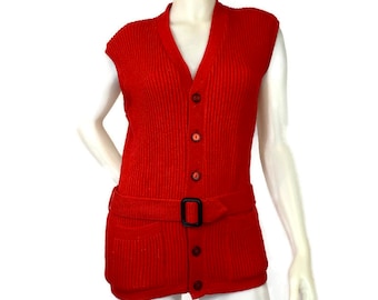 Vintage 70s Pure Wool Sleeveless Button Up Red Sweater Vest, 1970s Belted Long Knit Red Vest