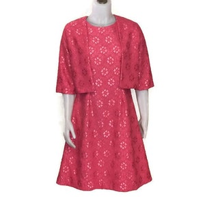 60s Lined Pink Lace Dress with Bolero Jacket, Knee Length 1960s Flared Party Dress