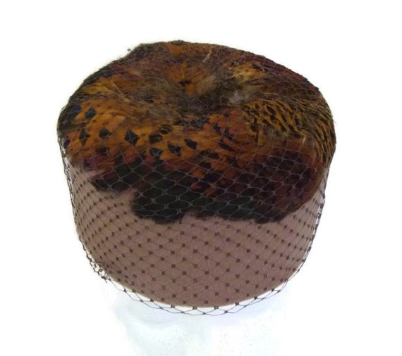 1950s Hat Pillbox Hat Feathers and Veil Brown Hat