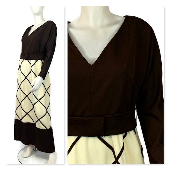 Vintage 60s Brown & Cream Maxi Dress, 1960s Hostes