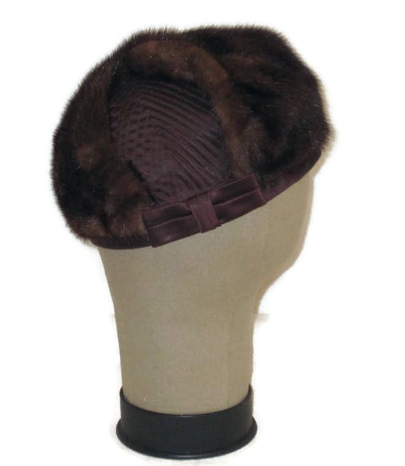 60s Fur Pillbox Hat, Fur Satin Hat, Brown Fur Hat,