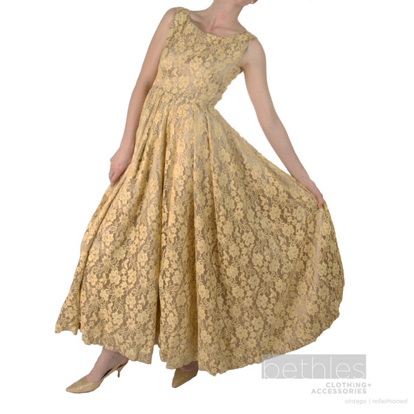 Vintage 1950s Gold Lace and Satin Sleeveless Cocktail Dress, Vintage 50s Lace Prom Dress