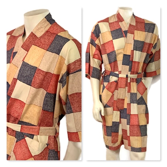 60s Men's Cotton Robe, Belted Dressing Gown, Vinta