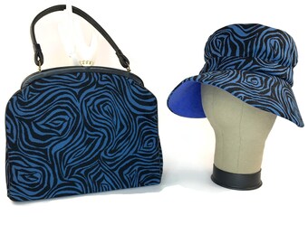 50s Hat and Purse Set In Black and Blue, Vintage 1950s Union Made in USA Handbag and Hat