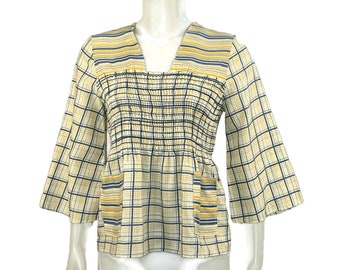 Vintage 70s Peasant Top with Smocking & Belt, 1970s  Bell Sleeve Shirt