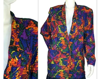 Vintage 80s Multi Colour Double Breasted Jacket, 1980s Unlined Blazer in Jewel Tone Abstract Print