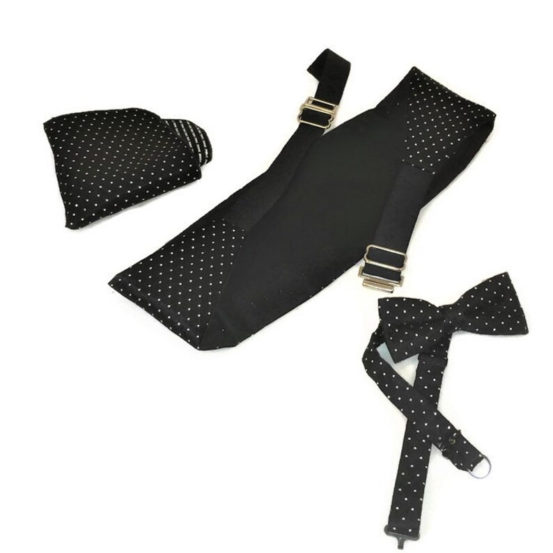 80s Cummerbund Set Men/'s Formal Wear 1980s Tux Cummerbund Bow Tie Pocket Square Sparkly Cummerbund Tuxedo Accessory Black Silver
