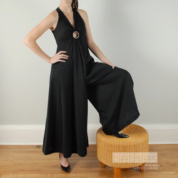 60s Black Wide Leg Jumpsuit, Vintage 1960s Palazz