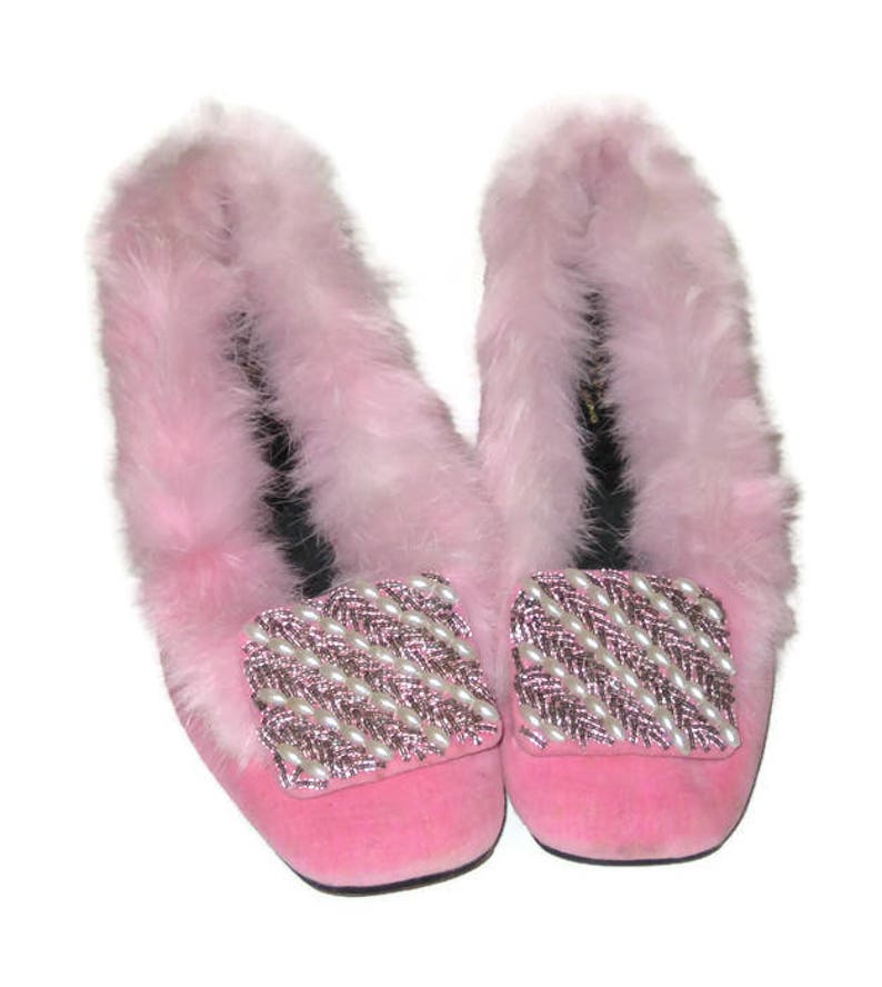 Vintage 60s Pink Fur Slippers 1960s Beaded Slippers - Etsy