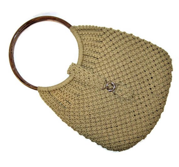 70s Beige Macramé Bag, Vintage 1970s Macrame Boho