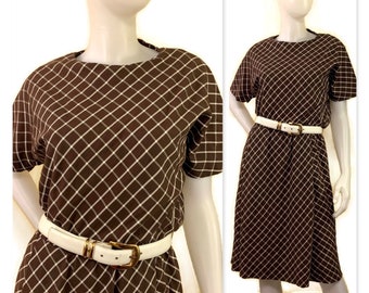 60s Brown Check Dress, Vintage 1960s Dress, Spring Summer Dress, Day Time Dress, Office Dress, Brown & White Dress, Designer Dress