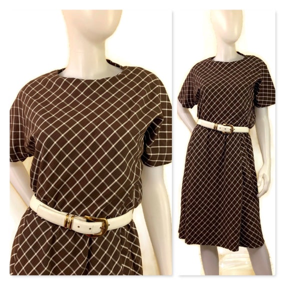 60s Brown Check Dress, Vintage 1960s Dress, Spring