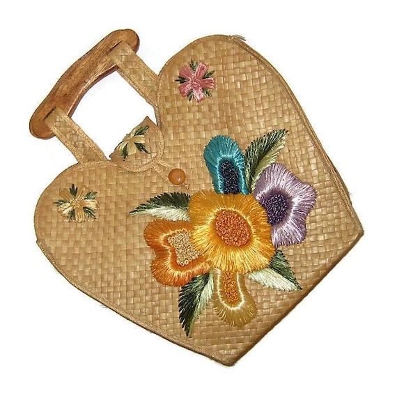 60s Straw Purse, Straw Beach Bag, Raffia Flowers,