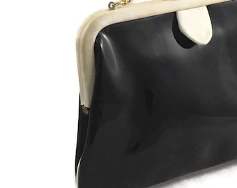 1960s Small Black Patent Clutch Purse with Cream Trim, Vintage 60s Cocktail Bag