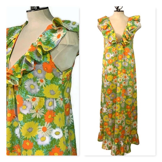 60s MOD Nightgown, Orange Green White Floral Night